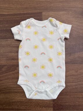 Primary White One-Piece Bodysuit with Yellow Sun & Multicolor Rainbows